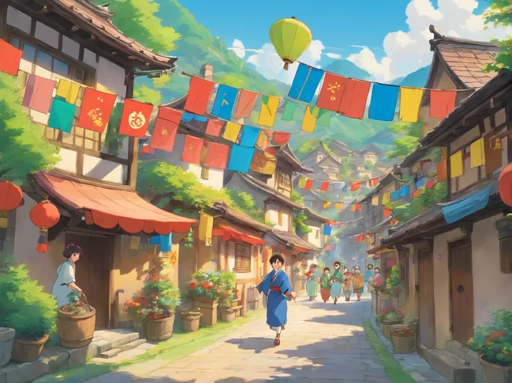 Depicts a village scene full of joy and lively atmosphere，The villagers wear Zhuang costumes，The village is covered with colorful flags