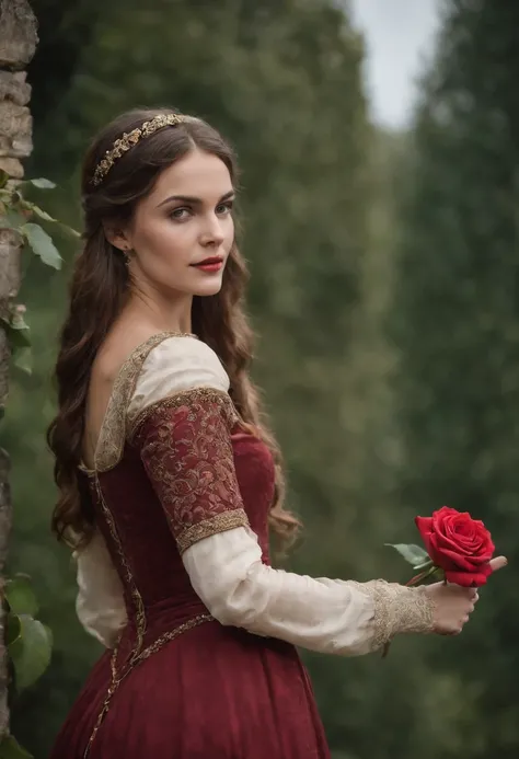 Uma jovem mulher de cabelos longos e loiros, olhos avermelhados em um castelo medieval, Princess in long red swirled dress holding a rose in her hand, medieval setting