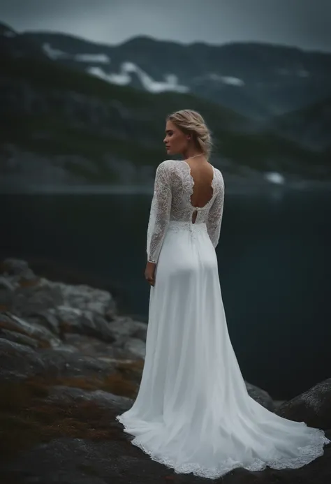 A girl that 19 years old with a white dress in cold Norway