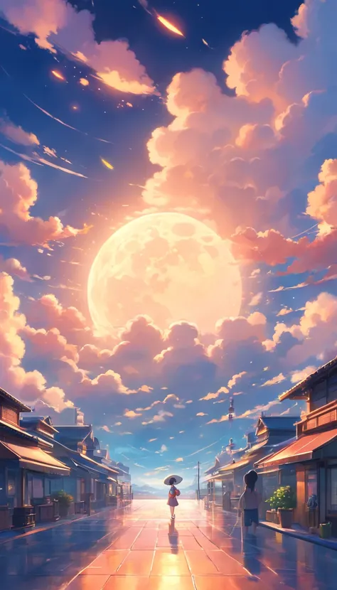 Auspicious clouds, Behind the huge moon, Warm colors, Abstract imagery, ultra-realistic realism, Pixar style, 3d effect, (Disney style:1.2), Clear edge light, rim-light, fantasy, spotlight, 8K