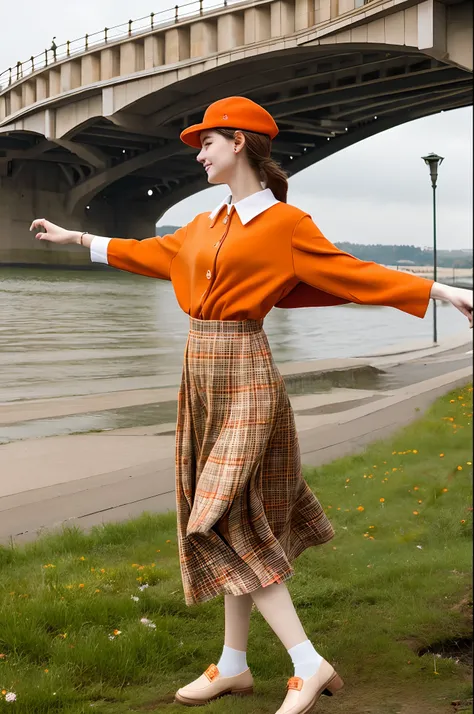 soio、Depiction of walking、holding a large bouquet of flowers in one hand、brown long skirt、Crestbridge Plaid Long Coat、Orange cap、Pulling photo、Posing with movement、Angle of view from the side、Young European beauties、Brown loafers、Orange clothing、