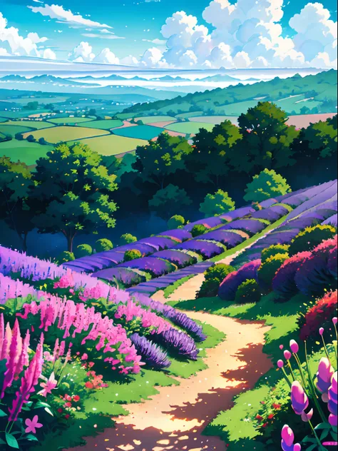 Lavender anime countryside landscape，Composed of trees and a fantasy valley，scenery art detailed，beautifull puffy clouds。anime big breast，Detailed scenery—width 672，anime landscape wallpapers，Anime landscapes，Studio Ghibli view，Highly detailed digital art ...