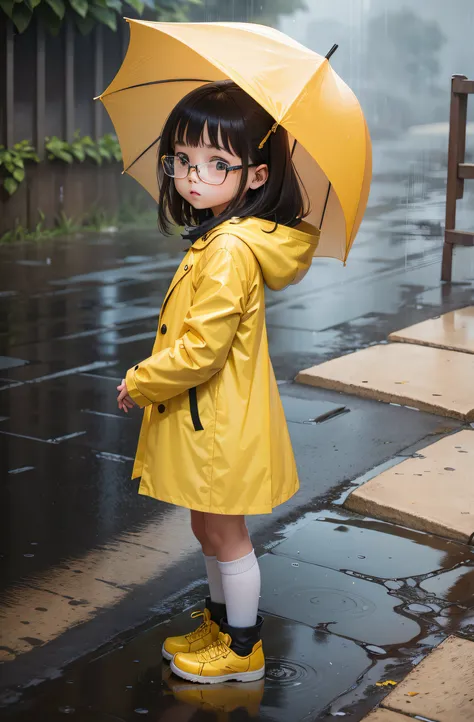 Cute little girl in yellow raincoat　Glasses　rain is falling