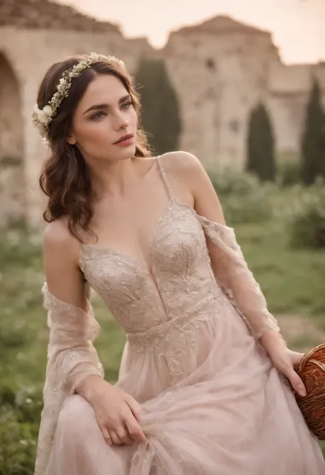 Roman setting, roupas tradicionais romanas, Deus grega, mulher jovem em um campo de rosas, mulher posando em um jardim florido, cabelos ao vento, cabelos dourados, olhos azuis, roupas sensuais, Shoulders on Display, usando pouca roupa, roupas transparentes...