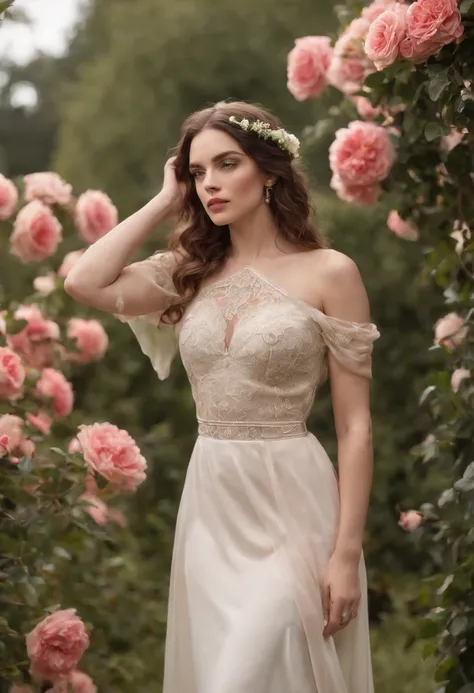 Roman setting, roupas tradicionais romanas, Deus grega, mulher jovem em um campo de rosas, mulher posando em um jardim florido, cabelos ao vento, cabelos dourados, olhos azuis, roupas sensuais, Shoulders on Display, usando pouca roupa, roupas transparentes...