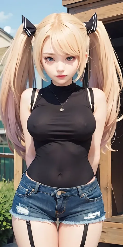 1girl,big breast, purple eyes, blonde hair, twintail,black clothes, ultra detailed, masterpiece, realistic