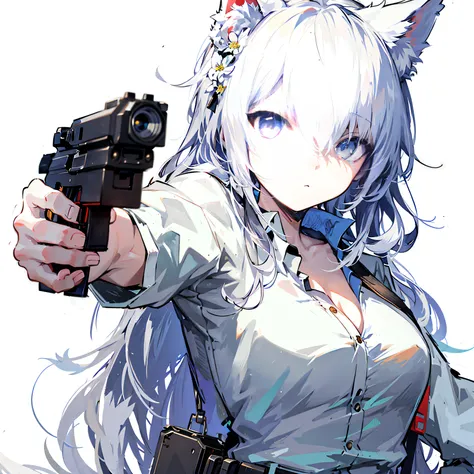 anime girl with a gun pointing at the camera, white cat girl, from girls frontline, white - haired fox, girls frontline style, fine details. girls frontline, white ( cat ) girl, m4 sopmod ii girls frontline, badass anime 8 k, with pistol, guweiz on pixiv a...