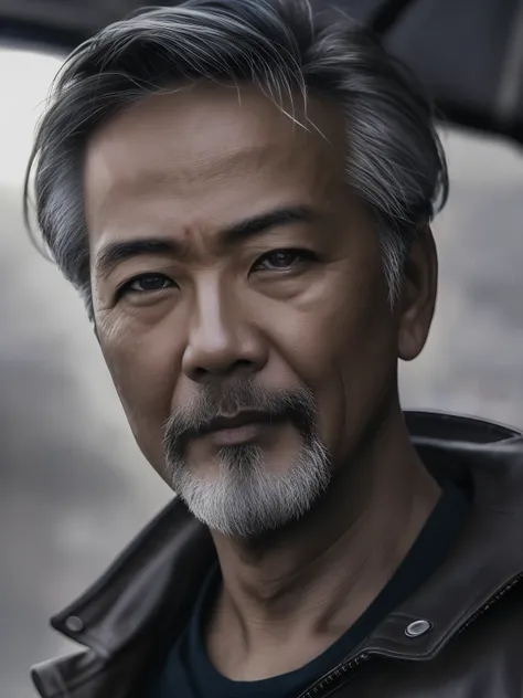 Asian Guy, Realistic photography, closeup of male 55yo dirty, gray hair, focus on eyes, 50 mm f/1.4, hdr masterpiece,dramatic lighting, epic, hair in wind,  wearing leather , light snowing, post apocalyptic city,  year 2590