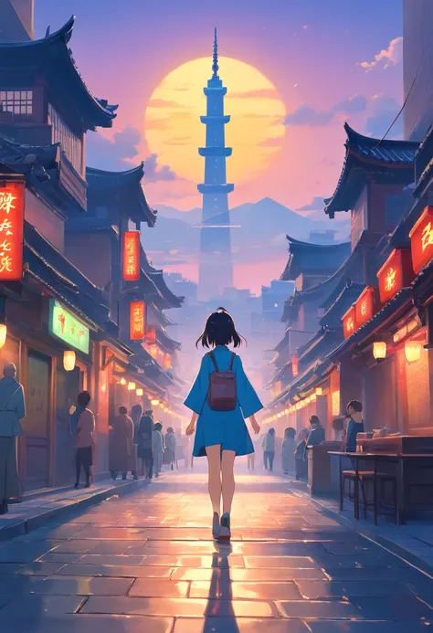 SLG Game Building、Ancient China、Japan city、KTV nightclub"(Masterpiece), Incredibly detailed, illusory engine, 4K, A lonely girl exploring a bustling cityscape."stone monument