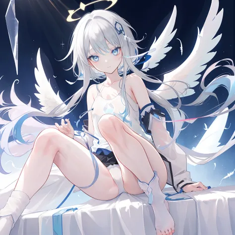 An anime teen girl, sitting on bed, (((half naked))), cinematic light, slim body with curves, skin is perfectly white, soft, and smooth, ((white stirrups on feet)), ((no nsfw)), Extremely delicate and beautiful CG illustration, best quality, high resolutio...