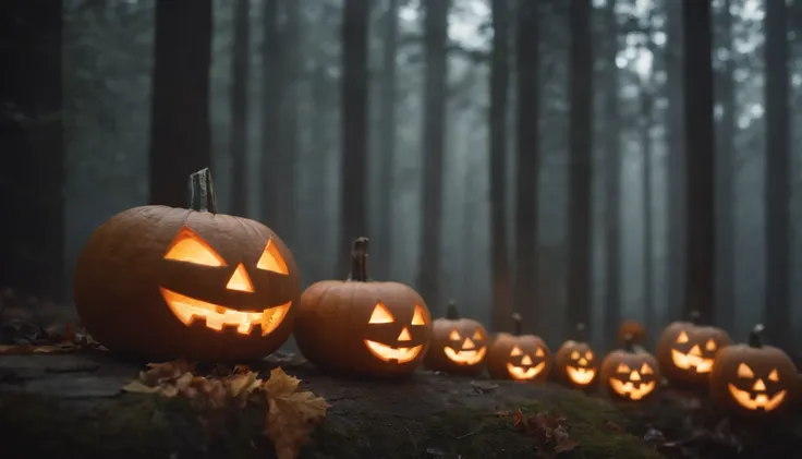 a misty forest filled with jack-o-lanterns