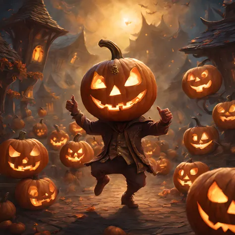 dancing jack o'lantern, playing jack o'lantern, fantasy world, magic world, a magical world、fairytale、