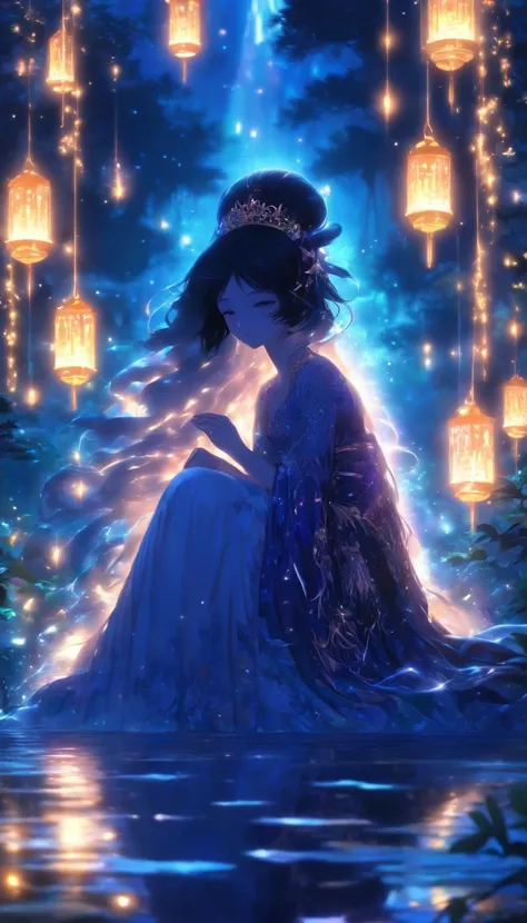 (Masterpiece, Best quality), 1girll(atenea_Asamiya Palace), Cute dress, Long black hair, Sitting, Beautiful outdoor background, Night, forest，highly detailed surreal vfx，oc rendered