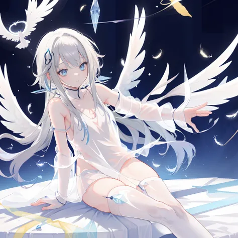 An anime teen girl, sitting on bed, (((half naked))), cinematic light, slim body with curves, skin is perfectly white, soft, and smooth, ((white stirrups on feet)), ((no nsfw)), Extremely delicate and beautiful CG illustration, best quality, high resolutio...