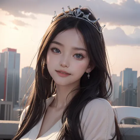 (8K, RAW photo, Best quality, Masterpiece:1.2), (Realistic, photo-realistic:1.37), Ultra-detailed, 超高分辨率, twtzuyu, 1 girl,view the viewer,Smile, ((Wear a crown on your head)), queen, Beautiful detailed eyes,  (Floating hair), Detailed clothes,  Skin textur...