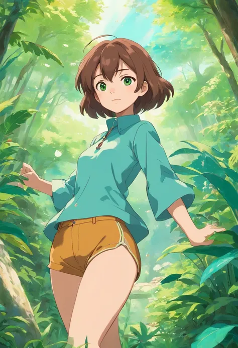 a feminine boy, very big butt, no breasts, hourglass figure, big thighs, smooth skin, brown short fluffy hair, green eyes, very short shorts, crop top, seductive pose, in the style of tranquil gardenscapes, colorful animation stills, masami teraoka, aquama...