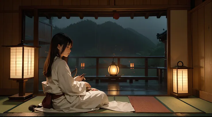 Inside a traditional Japanese house, It is a rainy night, very dark, There is a 35 year old woman sitting on the comfortable sofa, with duvet, non-sexualised, in pensive mood, insomnia, looking away from camera, looking out of open window at the rain, cat ...