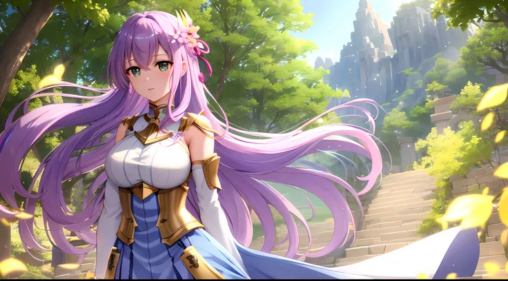 Athena with plain long light purple hair,hair between eyes,green eyes,rosy cheeks,full lips,thin eyebrows,slender body,wearing knight armor pauldrons and full long skirt,praying beads on neck,cute anime girl,full body,sakura trees in background,anime style...