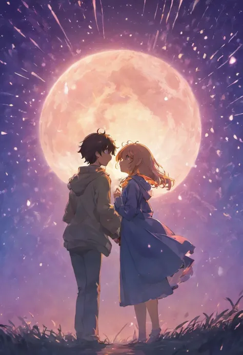 dream colors,tmasterpiece,the detail,starryskybackground,Clouds,Light and shadow effects，film effect,Rich in color，（（A couple）），Embrace each other，（（（（In kissing）））），Petals rained down，Full moon night，Blooming with flowers，blurryforeground，Depth of field e...