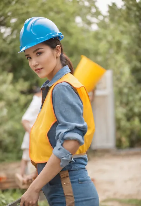 Project background shoot, Garden construction, well drilling construction work on the garden,  an Indonesian construction guy (wearing construction vest, wearing yellow construction helmet) is explaining about how to use water pump to a beautiful college g...