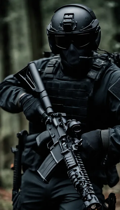 (Best quality,4K,8K,A high resolution,Masterpiece:1.2),Ultra-detailed,(Realistic,Photorealistic,photo-realistic:1.37), One of them wore a black SWAT uniform，Man in black helmet, A man in a black mask holds a gun, Air rifle CQB, French Special Operations, r...