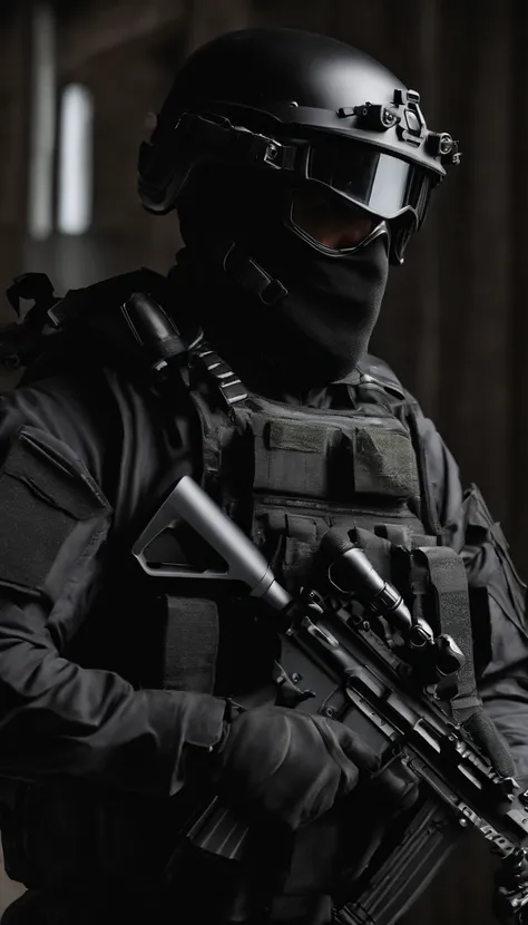 (Best quality,4K,8K,A high resolution,Masterpiece:1.2),Ultra-detailed,(Realistic,Photorealistic,photo-realistic:1.37), One of them wore a black SWAT uniform，Man in black helmet, A man in a black mask holds a gun, Air rifle CQB, French Special Operations, r...