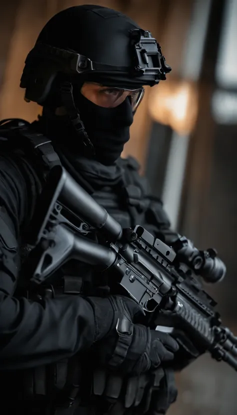 (Best quality,4K,8K,A high resolution,Masterpiece:1.2),Ultra-detailed,(Realistic,Photorealistic,photo-realistic:1.37), One of them wore a black SWAT uniform，Man in black helmet, A man in a black mask holds a gun, Air rifle CQB, French Special Operations, r...