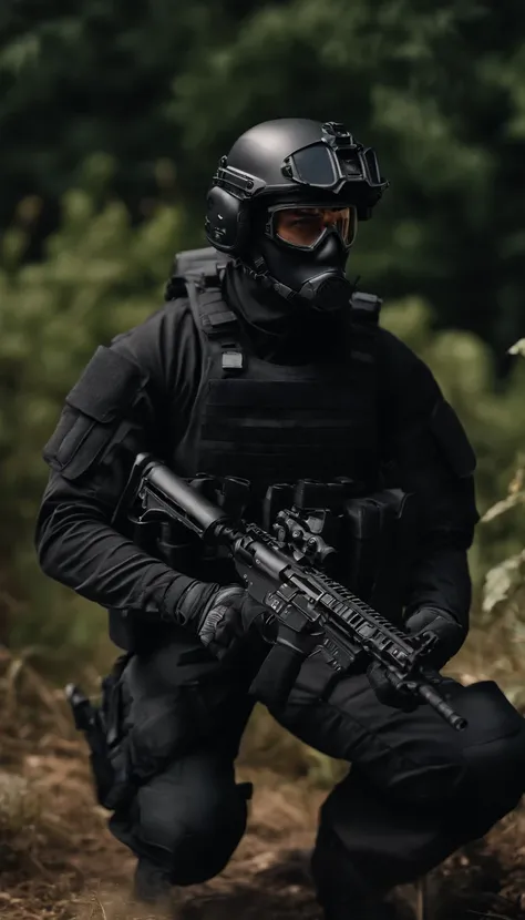 (Best quality,4K,8K,A high resolution,Masterpiece:1.2),Ultra-detailed,(Realistic,Photorealistic,photo-realistic:1.37), One of them wore a black SWAT uniform，Man in black helmet, A man in a black mask holds a gun, Air rifle CQB, French Special Operations, r...