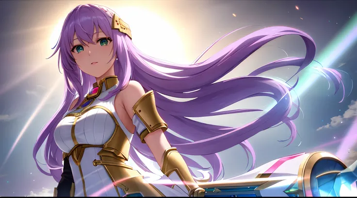 Athena with plain long light purple hair,hair between eyes,green eyes,rosy cheeks,full lips,thin eyebrows,slender body,wearing knight armor pauldrons and full long skirt,holding shield,praying beads on neck,cute anime girl,full body,red desert in backgroun...