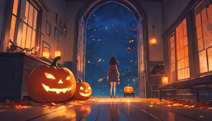 (close-up, detailed, vibrant) jack-o-lantern, (whimsical, enchanted, magical) witchs house, (detailed, mysterious) eyes in the darkness, (eerie, atmospheric) orange glow, (dramatic, haunting) shadows, (autumnal, colorful) leaves falling, (sinister, twisted...