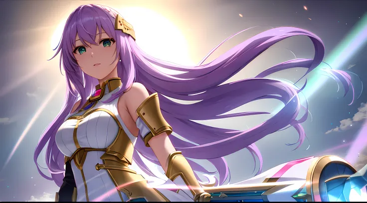 Athena with plain long light purple hair,hair between eyes,green eyes,rosy cheeks,full lips,thin eyebrows,slender body,wearing knight armor pauldrons and full long skirt,holding shield,praying beads on neck,cute anime girl,full body,red desert in backgroun...