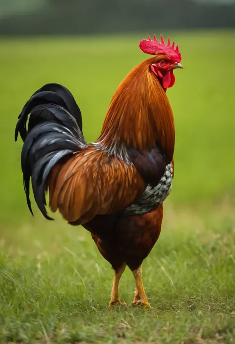 there is a rooster standing in the middle of a field, rooster, rooster!!!!, cocky, the king of rooster, proud looking away, chicken, proud looking, cocky smirk, proud look, on his hind legs, profile shot, cocky expression, gooseman, a wide full shot, very ...