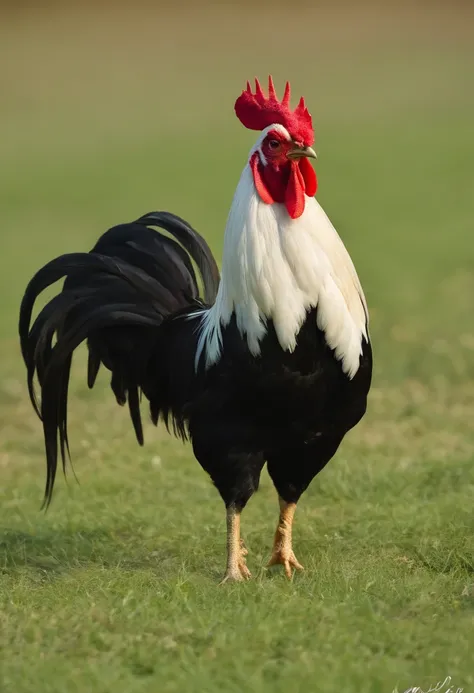 there is a rooster standing in the middle of a field, rooster, rooster!!!!, cocky, the king of rooster, proud looking away, chicken, proud looking, cocky smirk, proud look, on his hind legs, profile shot, cocky expression, gooseman, a wide full shot, very ...