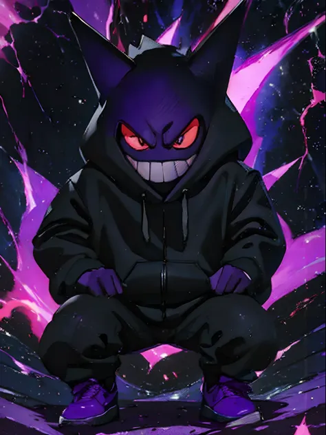 gengar wearing black and dark purple nike air force ones and a black hoodie