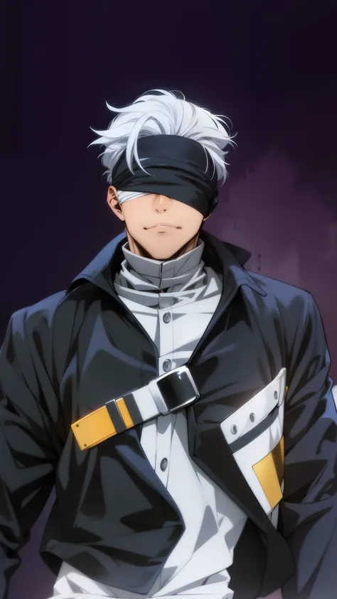 1boy, Saturated Gojo walking, white hair goosebumps, blue eyes, wearing a black blindfold, nice environment, super detailed, high quality