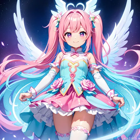 Colorful glowing angel wings、Kawaii Girl、adorable smiling、Light blue long hair、Twin-tailed、Colorful angel costume、Pink and white costume　((top-quality))、((​masterpiece))、(ighly detailed、highestdetailed、Official art、Beautifully Aesthetic:1.2)