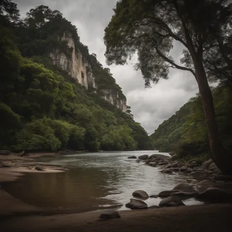 Paradisiacal beach with a river, a steep rock with a waterfall and a 16th century English galleon