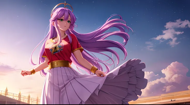 Athena with plain long light purple hair,hair between eyes,green eyes,rosy cheeks,full lips,thin eyebrows,slender body,wearing dragon ball goku t-shirt and full long skirt,praying beads on neck,cute anime girl,full body,Colloseum in background,anime style,...