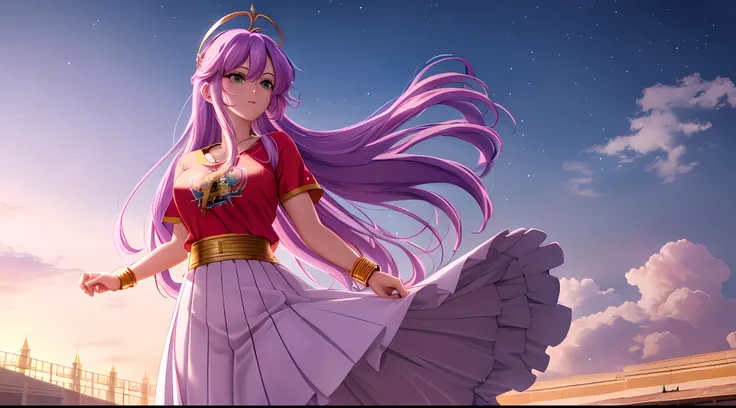 Athena with plain long light purple hair,hair between eyes,green eyes,rosy cheeks,full lips,thin eyebrows,slender body,wearing dragon ball goku t-shirt and full long skirt,praying beads on neck,cute anime girl,full body,Colloseum in background,anime style,...