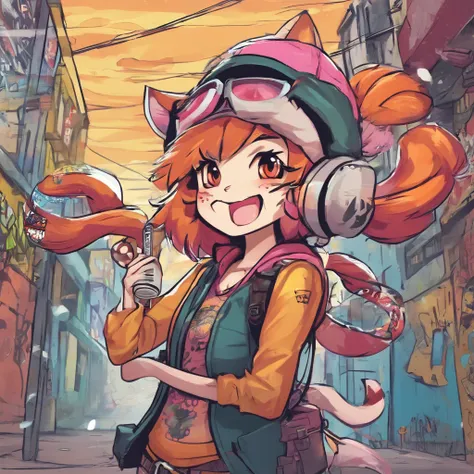 (Best quality), Big head, face happiness, (Short girl:1.2) Tiger in punk costume holding spray can, On Graffiti Street, from back, Slightly chubby, , Beanie with skull logo,, gyaru