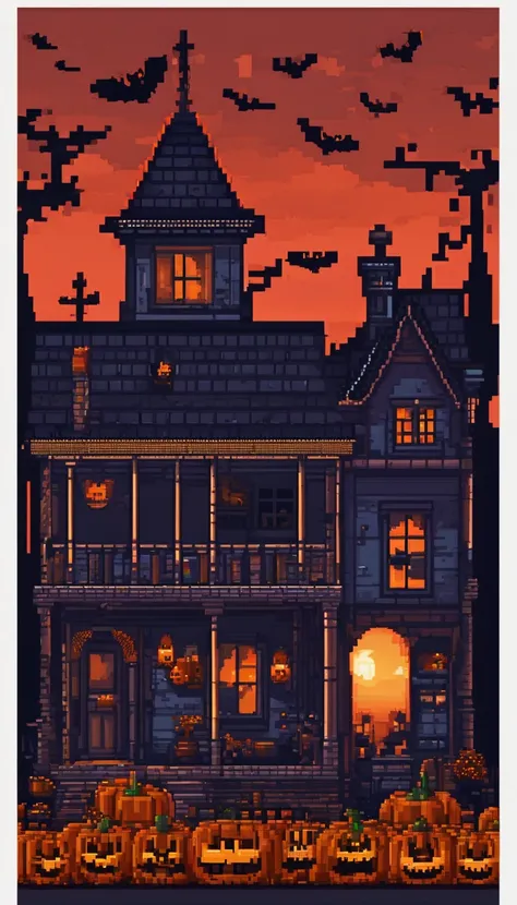 Pixel-art spooky night scene, 3D pixel art 4K wallpaper, Incredible pixel art detail, Pixel art, Detailed Unreal Engine pixel art, Half red moon sky, Spooky night, halloween, pumpkins, The Car