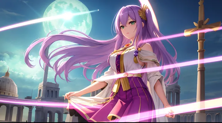 Athena with plain long light purple hair,hair between eyes,green eyes,rosy cheeks,full lips,thin eyebrows,slender body,wearing superman costume and full long skirt,praying beads on neck,cute anime girl,full body,Colloseum in background,anime style,Lumen Re...