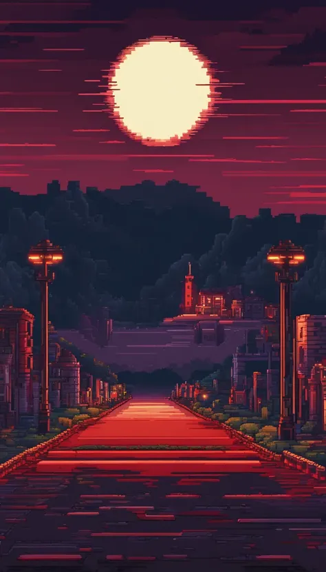 Pixel-art spooky night scene, 3D pixel art 4K wallpaper, Incredible pixel art detail, Pixel art, Detailed Unreal Engine pixel art, Half red moon sky, There was a car parked on the road