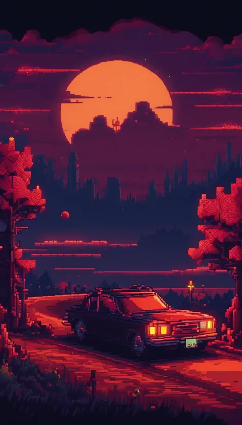 Pixel-art spooky night scene, 3D pixel art 4K wallpaper, Incredible pixel art detail, Pixel art, Detailed Unreal Engine pixel art, Half red moon sky, There was a car parked on the road