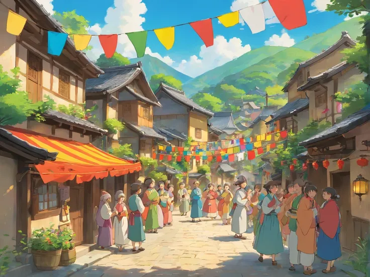 Depicts a village scene full of joy and lively atmosphere，The villagers wear Zhuang costumes，The village is covered with colorful flags