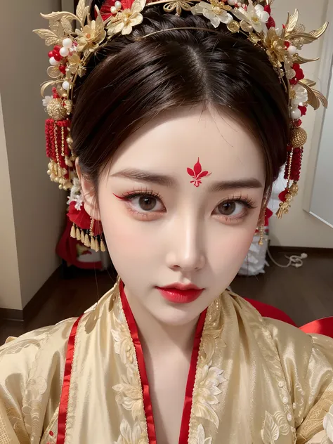 Araved woman wearing gold and red headdress and red and white dress, traditional makeup, White Hanfu, Hanfu, Chinese traditional, Chinese style, Palace ， A girl in Hanfu, Traditional beauty, China Princess, Inspired by Lan Ying, with ancient chinese aesthe...