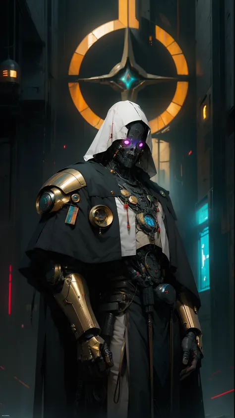 derpd, lethal cyborg male assassin with no mouth, wearing robes armor and cloak, gold trimming, danger, stained glass background, fantasy and science fiction art, neon horror, sci-fi, glitchcore, divine pose, red divine light, two bright eyes,