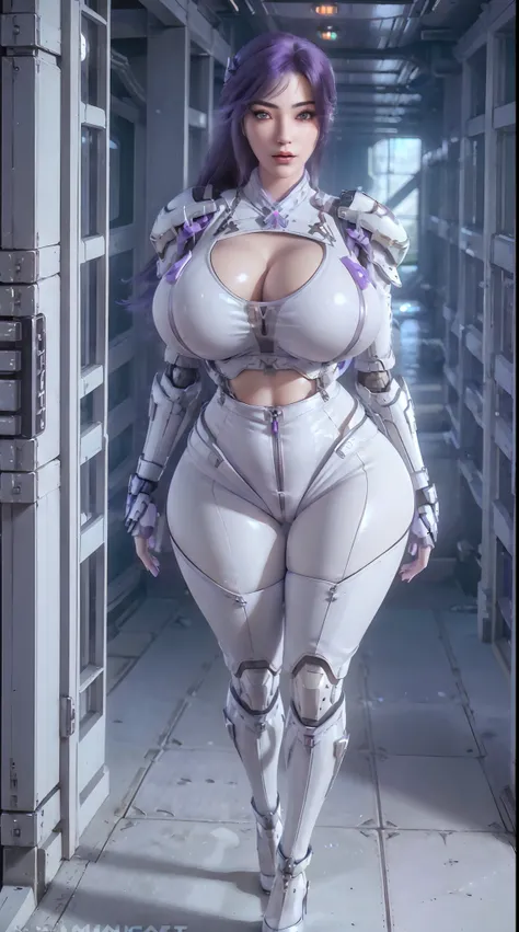 (1GIRL,SOLO:2), (super detailed face), ((BIG BUTTOCKS, HUGE FAKE BREASTS:1.5)), (CLEAVAGE TOP:1.5), (MUSCLE ABS:1.4), (MECHA GUARD ARM:1.5), ((WEARING WHITE PURPLE OVERWATCH MECHANICAL HEAVY ARMORED CROP TOP, MECHA GUARD ARMOR LEGS, HIGH HEELS:1.6)), (LEWD...
