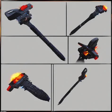 A "Marteloca Flamejante" It is a unique and improvised melee weapon, Designed to be versatile and lethal in combat. Its appearance is futuristic and scary, Suitable for a sci-fi setting.

Extendable Pole: The base of the gun consists of a telescopic stick ...