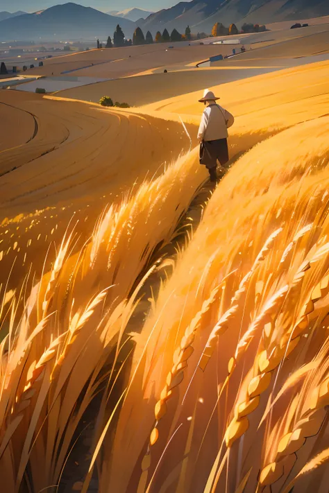 8k，The man holding the wheat in his hand，wheat field，Wheat fields under the mountains，golden，A winding stream，Few small houses，wide wide shot，Close-up of rice seeds close-up，evening light，a warm color palette，downy，Global light